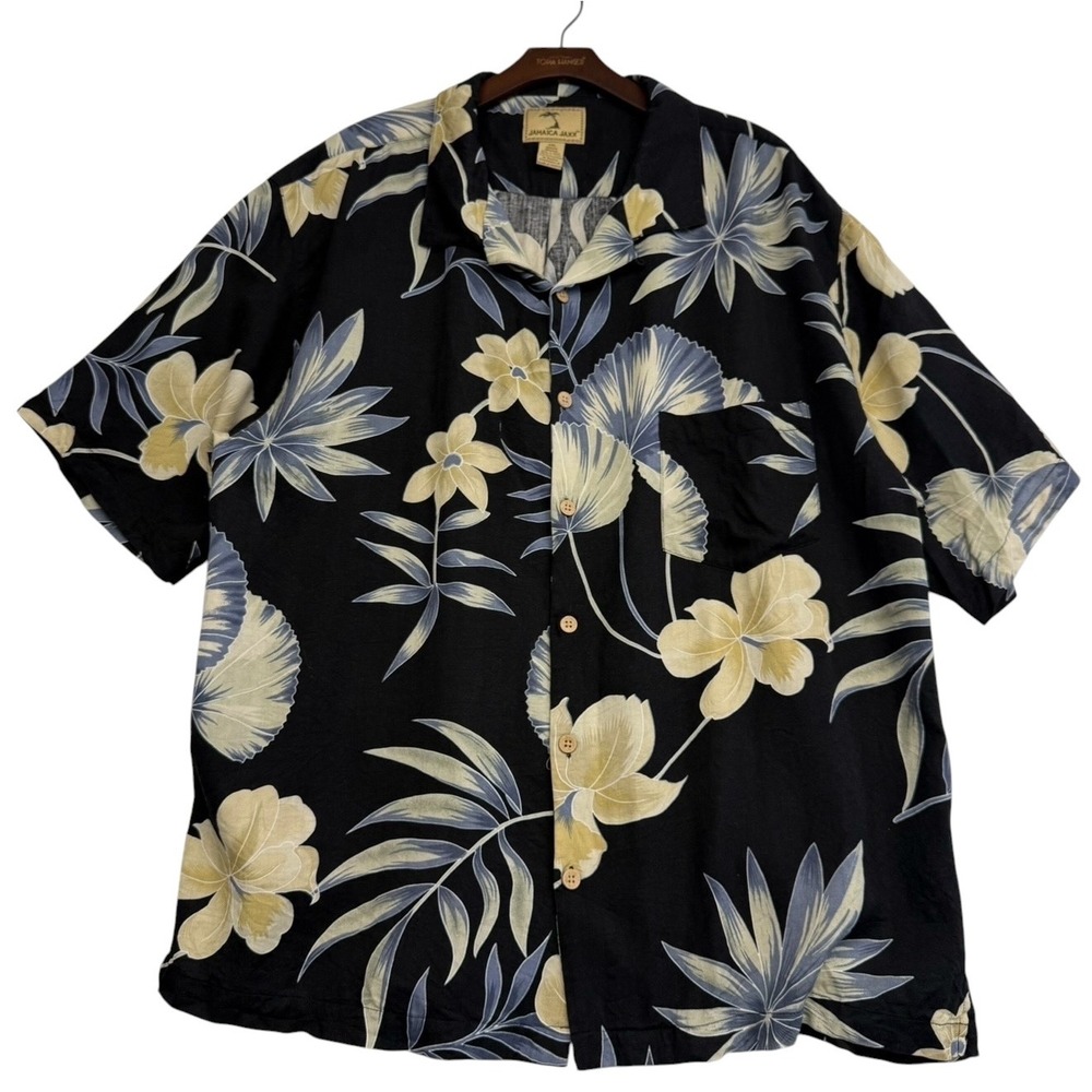 Jamaica Jaxx Mens XXL Black Silk Tropical Floral Palm Leaf Button Down Shirt 249